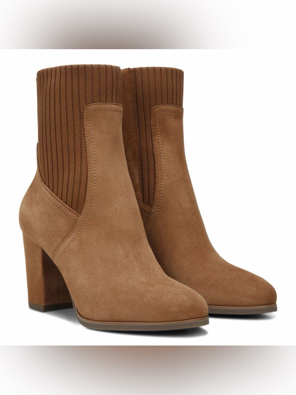 Vionic Toffee Brown Leather Suede Ankle Knit Boots Block Heel sz 6 Classic chic